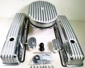 58-86 SBC Chevy Polished Valve Covers + Breather PCV + Gaskets + 15" Air Cleaner - Foto 1 di 7