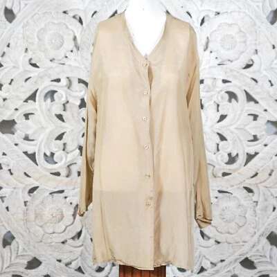 复古 BOGARi 100% 真丝束腰上衣 - 中号米色轻便微光 — 第 1/4 张图片