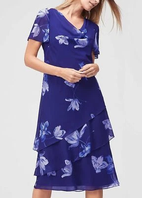 Abito nuovo Jacques Vert 14 16 chiffon a strati blu navy floreale svasato bias midi - Immagine 1 di 4