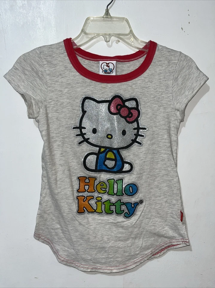 Hello Kitty T-Shirt Girls Large Gray Red Ringer 40th Anniversary Short Sleeve - Image 1 of 4