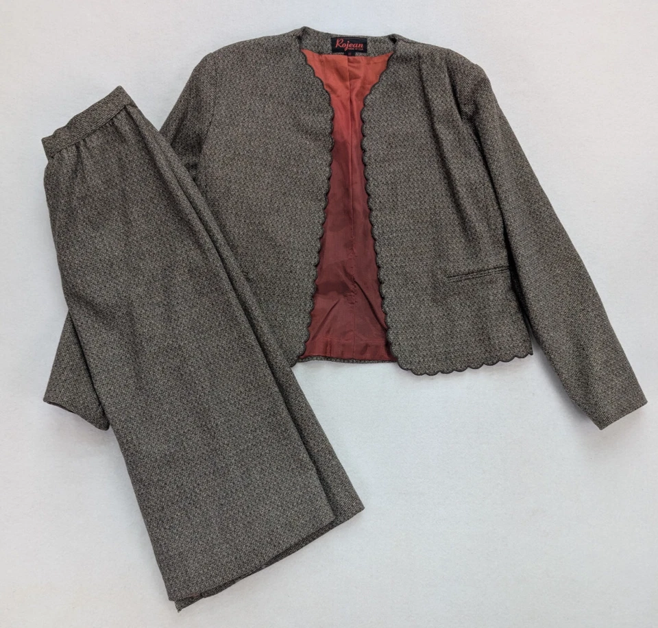 Vintage Women's Skirt Suit Size 11 Brown Wool Blend Rojean Scallop Edge - Image 1 of 4