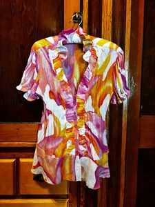 Allison Taylor Pleated & Ruffled Pink, Orange, and White Short Sleeve Blouse XL - Picture 1 of 5