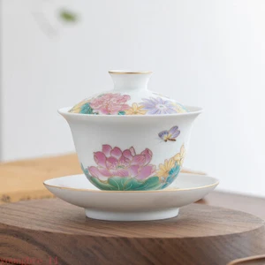Set da tè Kung Fu coperchio ciotola modello tre forze copri ciotola bianco ceramica - Foto 1 di 6