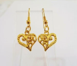 GOLD FILIGREE HEART DROP / DANGLE EARRINGS - Handmade - Picture 1 of 5