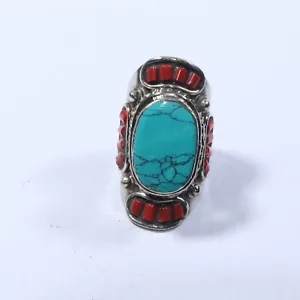 Anillo étnico coral turquesa piedra tibetano multipiedra bohemio anillo único talla 9 - Imagen 1 de 7