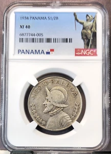1934 PANAMA SILVER 1/2 BALBOA VASCO NUNEZ NGC XF 40 SCARCE KEY DATE COIN - Picture 1 of 3