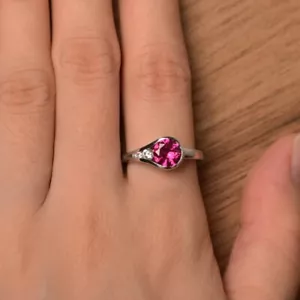 Pink Ruby 925 Sterling Silver Ring Lab Created Round Gemstone Women Ring - Picture 1 of 5