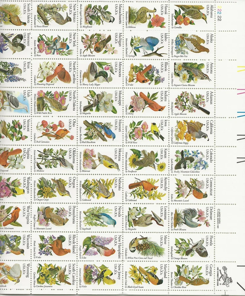 20 centavos de aves y flores 1982 hoja completa de 50, Scott #1953-2002, como nuevo casi nuevo Foto 1 de 1
