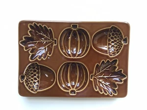 Crate & Barrel Glazed Ceramic Cakelet Baking Dish Mold Brown Acorn Pumpkin Leaf - Picture 1 of 2