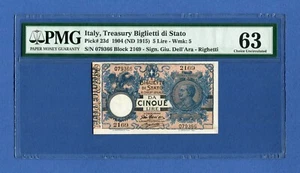 Italy - 5 Lire Vittorio Emanuele III 1904 (1915) p23d PMG 63 Choice Uncirculated - Picture 1 of 9
