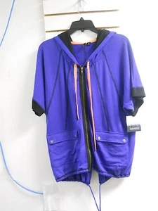 Kensie New Womens Blue Zipper Short Sleeve Hoodie Jacket Medium Drawstring - Picture 1 of 5