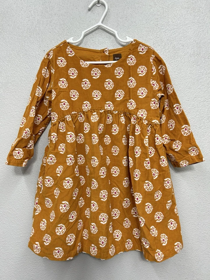 Vestido Tea Collection Talla 4 Pana Estampado Manga Larga Amarillo Mostaza Otoño Foto 1 de 4