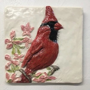 Cardinal Male Red Bird Bas-Relief Ceramic handmade Tile Sondra Alexander Art - Picture 1 of 4