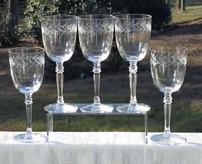 5 Vtg Crystal Wine Glasses Fostoria Holly 7 7/8"  Clear Cut Glass Water Goblets - Image 1 of 4