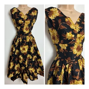 Vintage 1950s ALICE EDWARDS ITALIAN Black Ochre & Brown Floral Pleated Dress 8 - Picture 1 of 6