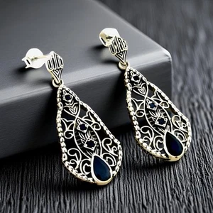 GENUINE SAPPHIRE 925 SOLID STERLING SILVER ANTIQUE STYLE EARRINGS #602 - Picture 1 of 2