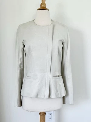 Chaqueta THEORY Marfil Piel de Cordero Cuero Cremallera, Forrada, Peplum Talla 4 Excelente Estado Foto 1 de 4