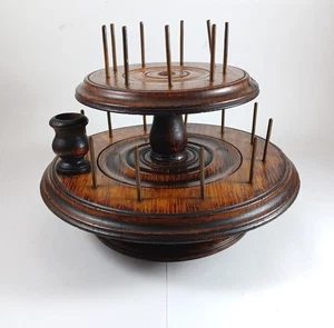 Antique Victorian Oak Treen Rotating Sewing Thread Spool Holder Caddy - Picture 1 of 23