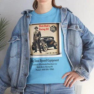 Vintage Big Tuna Speed Equipment Slick Dicks Motor Oil Can Retro Tee, Unisex - Picture 1 of 97