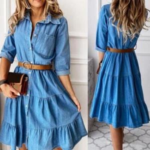Retro Revers Kragen Rüsche Falten abgestuft Midi A-Line Chambray Damenkleid mit Gürtel - Bild 1 von 25