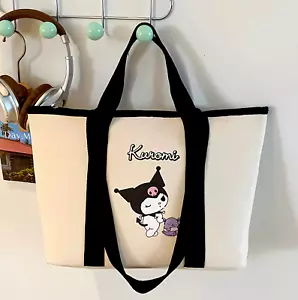 Sanrio Kuromi Large Logo Tote Bag Genuine Classic Daily Black Trim Shoulder Bag - Picture 1 of 24