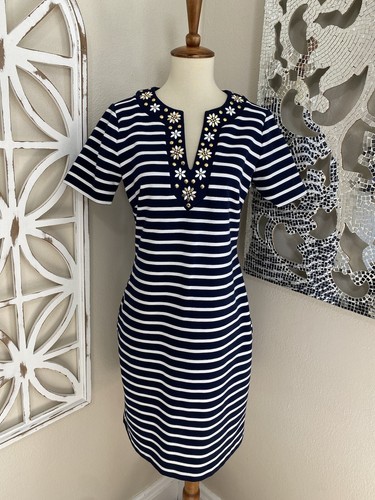 ABITO TUBINO MICHAEL KORS piccolo NAVY BIANCO RIGHE FLOREALE COLLO BORCHIE MANICA CORTA