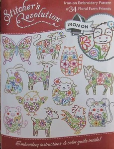 NEW Stitcher's Revolution #34 FLORAL FARM FRIENDS 12 Embroidery Transfer Pattern - Picture 1 of 1