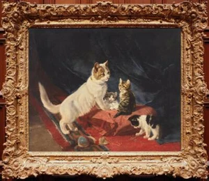 Handmade Old Master-Art Antique Oil Painting Animal cats Kittens on canvas - Picture 1 of 2
