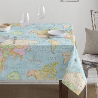 Teflon World Map Soft  Tablecloth PU Coated Outdoor Fabric 140cm wide - Blue - Image 1 of 4