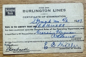 1947 Burlington Lines RR Certificate Examination Crossing Flagman St Joseph MO - Picture 1 of 2