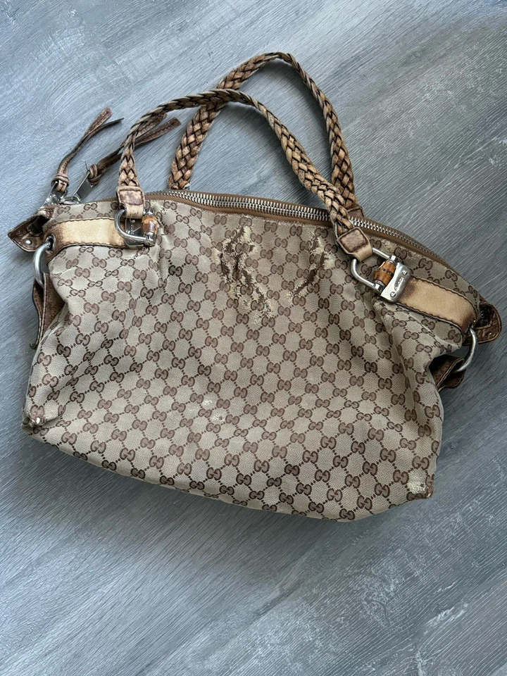 Bolso de hombro de lona GG de cuero de bambú 232959 beige Foto 1 de 4