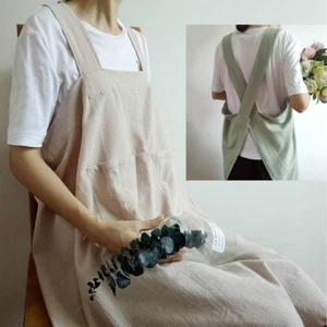 Women Cotton Linen Cross Back Apron Japanese Housework Wrap Pinafore Dress NEW - Imagen 1 de 14