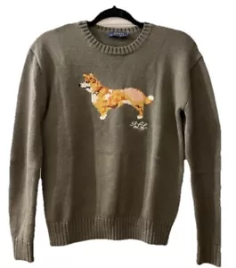 155 Ralph Lauren CORGI Dog Intarsia Knit Sweater Jumper taupe L runs small NEW - Picture 1 of 8