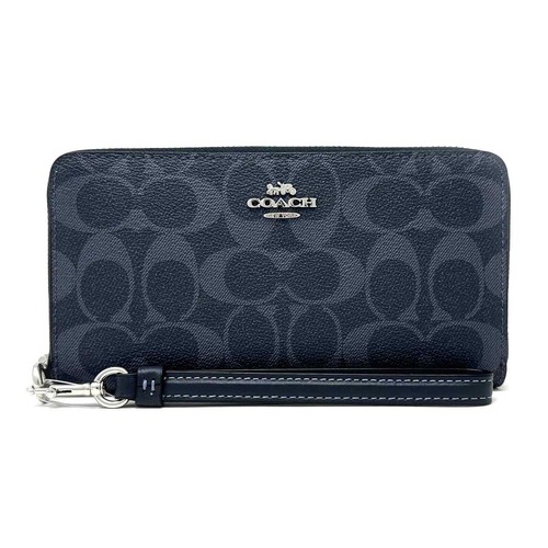 Portafoglio Coach Lungo Cerniera Rotonda in Tela Firmata Blu Navy Mezzanotte C4452