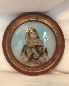 Antikes italienisches RÜCKSEITENGEMÄLDE GLAS UM 1800, RELIGIÖSES MÄDCHEN DAME, Holz 7,5" Durchmesser - Bild 1 von 12