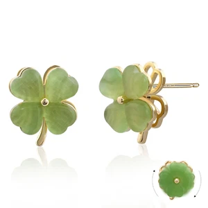 Four Leaf Clover Earrings Stud Jade Earrings 14K Gold Earrings Green Stud Earrin - Picture 1 of 12
