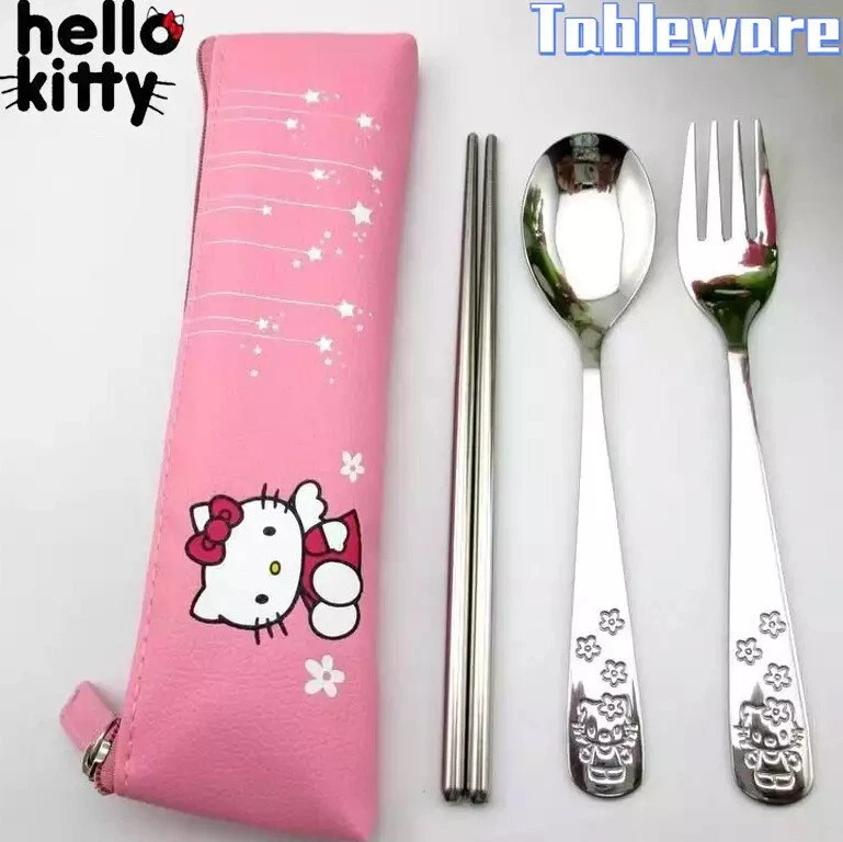 Hello Kitty Besteck Utensilien Set Stäbchen Gabel Löffel + Etui Metall Silber Rosa - Bild 1 von 1