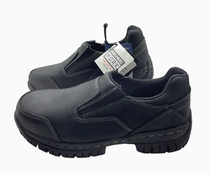SKECHERS Hartan Black Leather Steel Toe Slip-On Work Shoe Men's Sz 8 Relaxed Fit - Picture 1 of 12