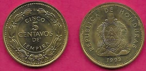 HONDURAS 5 CENTAVOS 1993 AU CLOUDS BEHIND PYRAMIDS,DENOMINATION WITHIN CIRCLE,WR - Picture 1 of 1