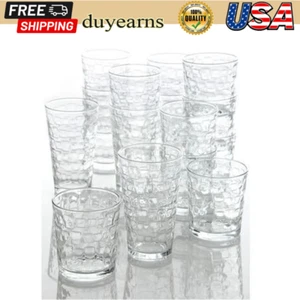 16 Pcs Tumbler Set Embossed Clear Glass Cup Glassware Water Drinkware Kitchen US - Picture 1 of 2