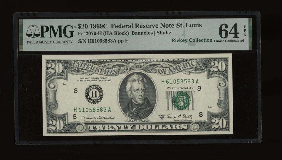 DBR 1969-C $20 FRN St. Louis Fr. 2070-H PMG 64 EPQ Serial H61058583A - Image 1 of 2