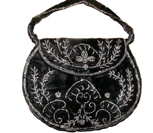 EDWARDIAN EVENING PURSE BLACK SILK VELVET STEEL CUT BEADS VINTAGE HANDBAG 6 X 5" - Picture 1 of 10