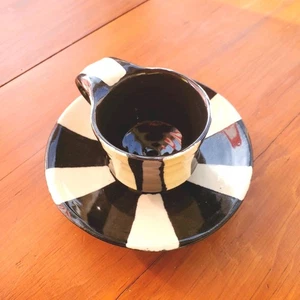 Hand Painted / Made Glazed Porcelain Black White Stripes Espresso Teacup Saucer  - Picture 1 of 7