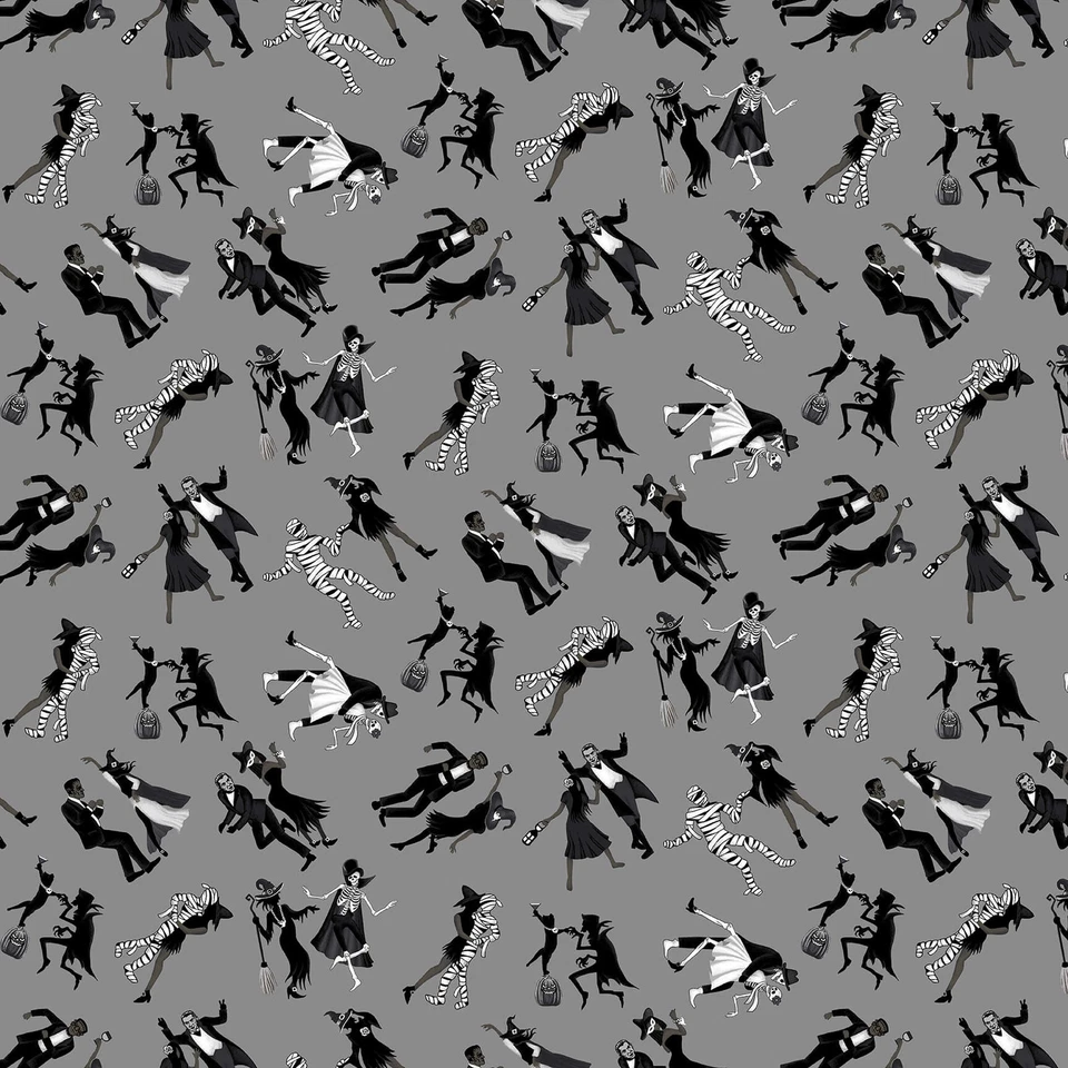 Halloween Ball Fabric | Skeleton & Monster Dance Gray | Henry Glass YARD - Image 1 of 1