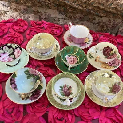 Fine China Teacups and Saucers, Roses Theme, Eight Sets - image 1 of 4
