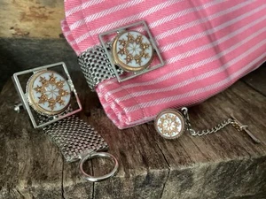 Gemelos y pasador de corbata vintage de malla envolvente mandala blanco tono plata - Imagen 1 de 13