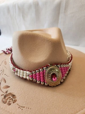 Western Vaquera Cuentas Sombrero Banda Plata Medallón Cuero Rosa Ajustable Vaquero Foto 1 de 4