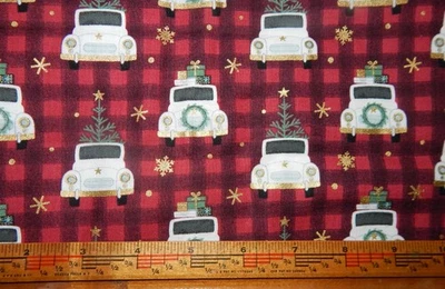 vintage truck cotton fabric black red plaid Christmas tree wreath metallic gold - Image 1 of 3