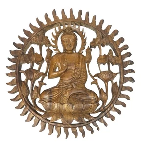 Wooden Hand Carved Wall Hanging Buddha Sculpture Statue Panel Relief Plaque 15.5 - Picture 1 of 9