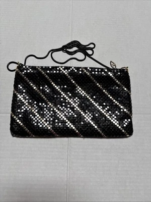 De Colección Brillante Elegante Negro Plata Metal Malla Noche Cartera Bolso Bandolera Bolso sin asas Cremallera Foto 1 de 4